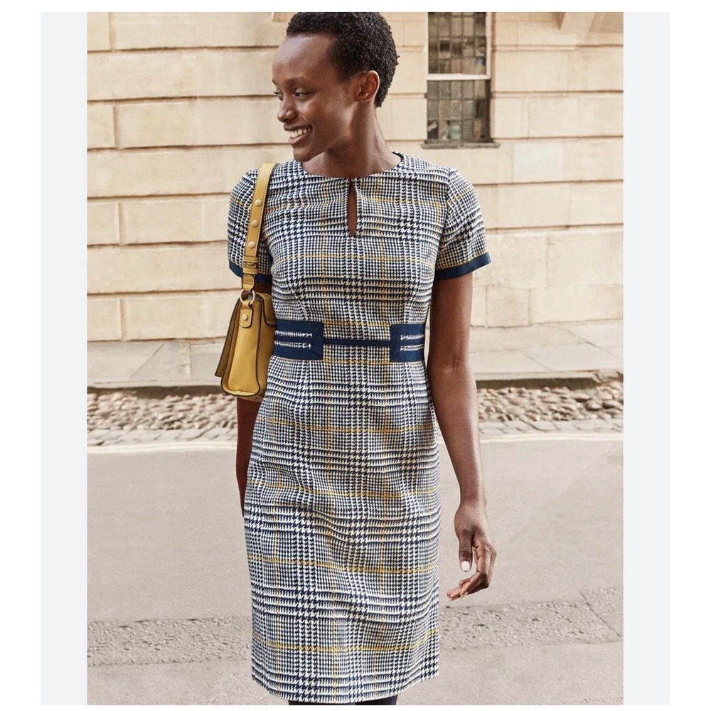 BODEN 100% WOOL BRITISH TWEED BLUE YELLOW PINAFORE MIDI DRESS UK 10 US 6 - Picture 3 of 9